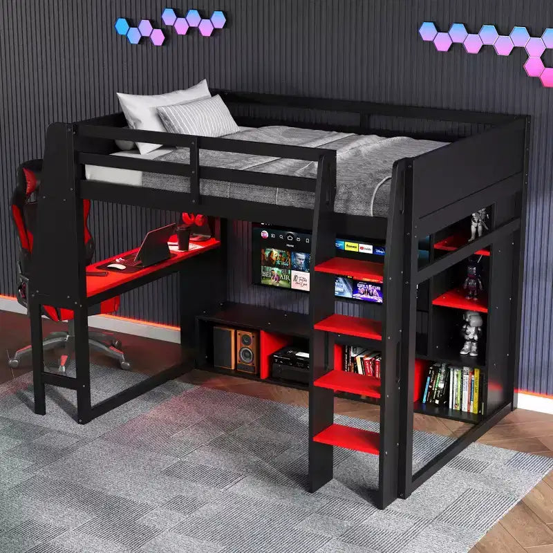 Twin/Full Size Gaming Loft Bed with Desk, LED Lights, Multi-Storage Shelves & Hanging Clothes Rack, Space-Saving Wooden Bed Frame - ModernLuxe