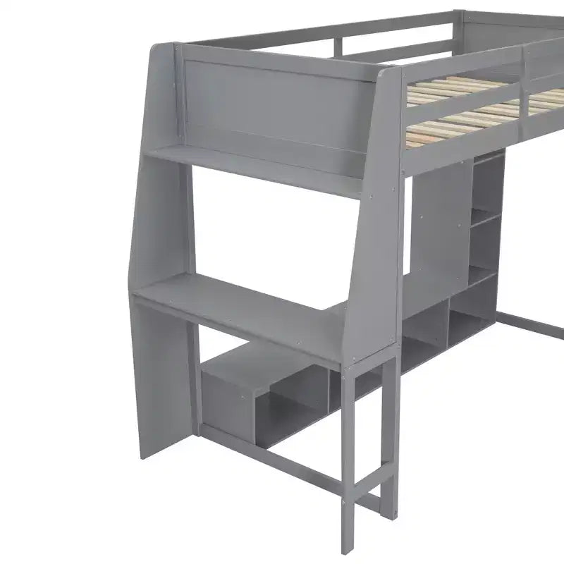 Twin/Full Size Gaming Loft Bed with Desk, LED Lights, Multi-Storage Shelves & Hanging Clothes Rack, Space-Saving Wooden Bed Frame - ModernLuxe