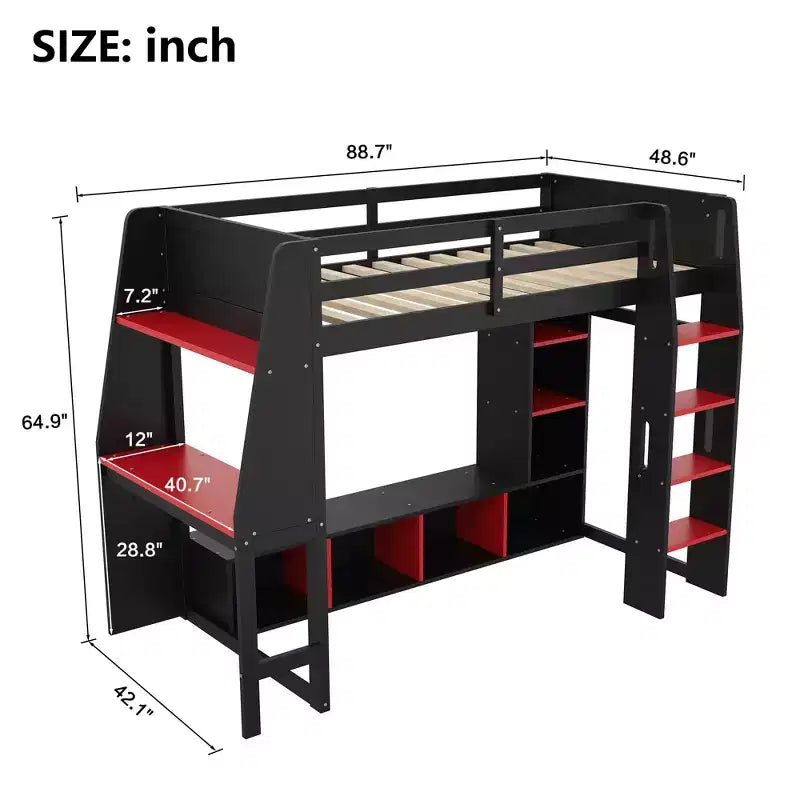 Twin/Full Size Gaming Loft Bed with Desk, LED Lights, Multi-Storage Shelves & Hanging Clothes Rack, Space-Saving Wooden Bed Frame - ModernLuxe