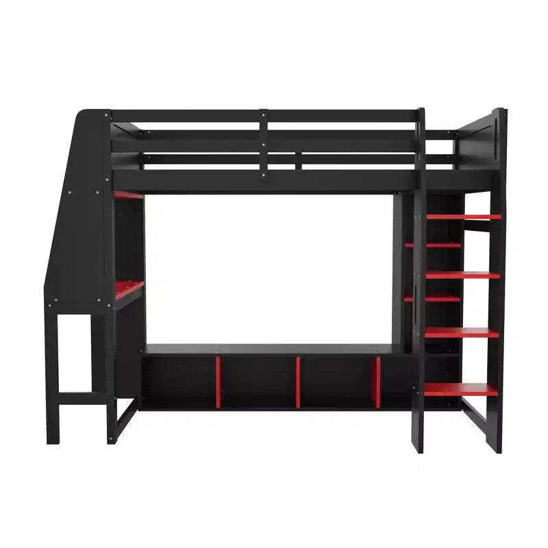 Twin/Full Size Gaming Loft Bed with Desk, LED Lights, Multi-Storage Shelves & Hanging Clothes Rack, Space-Saving Wooden Bed Frame - ModernLuxe