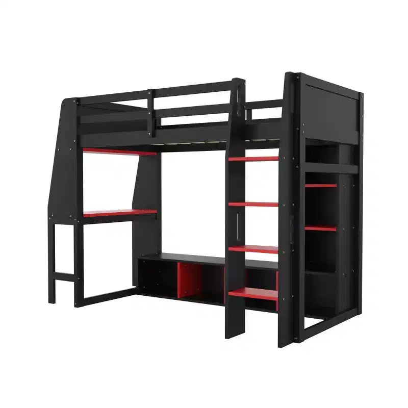 Twin/Full Size Gaming Loft Bed with Desk, LED Lights, Multi-Storage Shelves & Hanging Clothes Rack, Space-Saving Wooden Bed Frame - ModernLuxe