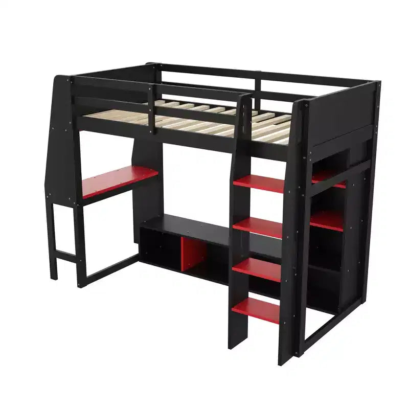 Twin/Full Size Gaming Loft Bed with Desk, LED Lights, Multi-Storage Shelves & Hanging Clothes Rack, Space-Saving Wooden Bed Frame - ModernLuxe