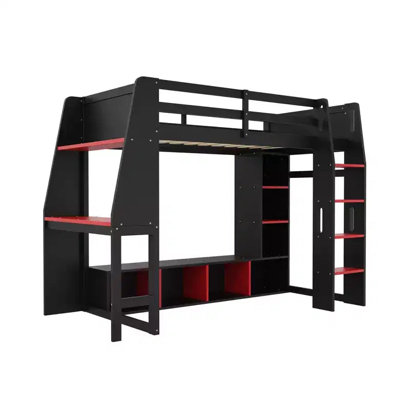 Twin/Full Size Gaming Loft Bed with Desk, LED Lights, Multi-Storage Shelves & Hanging Clothes Rack, Space-Saving Wooden Bed Frame - ModernLuxe