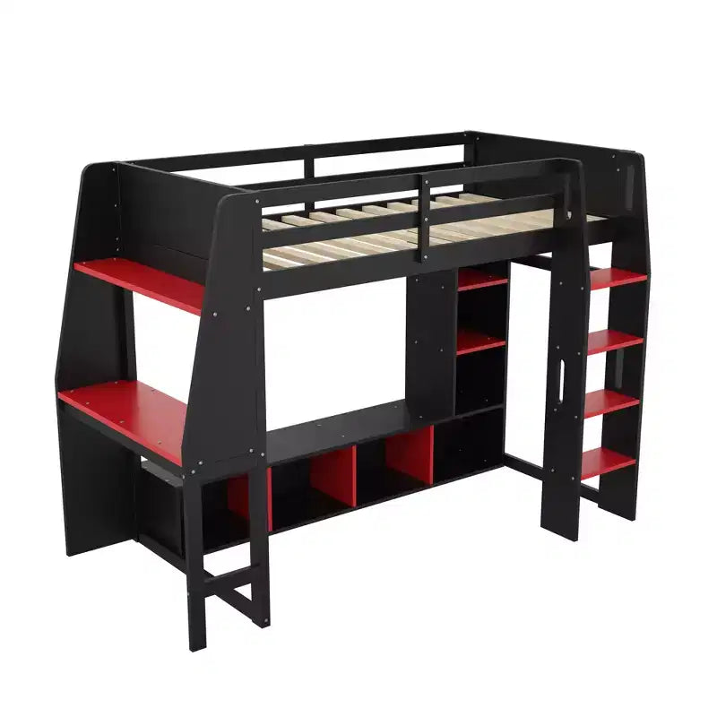 Twin/Full Size Gaming Loft Bed with Desk, LED Lights, Multi-Storage Shelves & Hanging Clothes Rack, Space-Saving Wooden Bed Frame - ModernLuxe