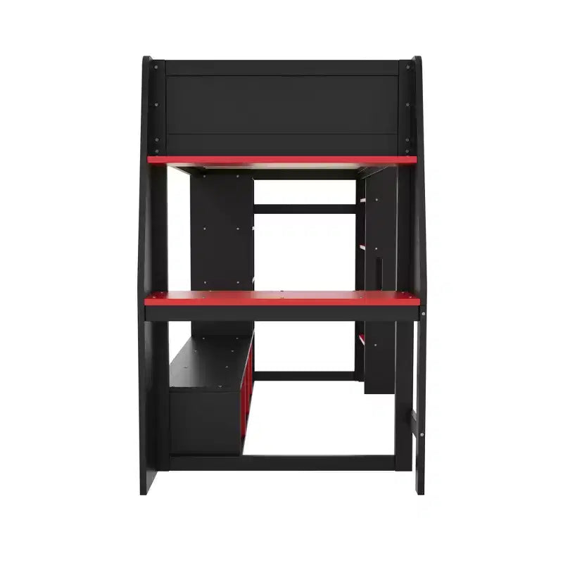 Twin/Full Size Gaming Loft Bed with Desk, LED Lights, Multi-Storage Shelves & Hanging Clothes Rack, Space-Saving Wooden Bed Frame - ModernLuxe
