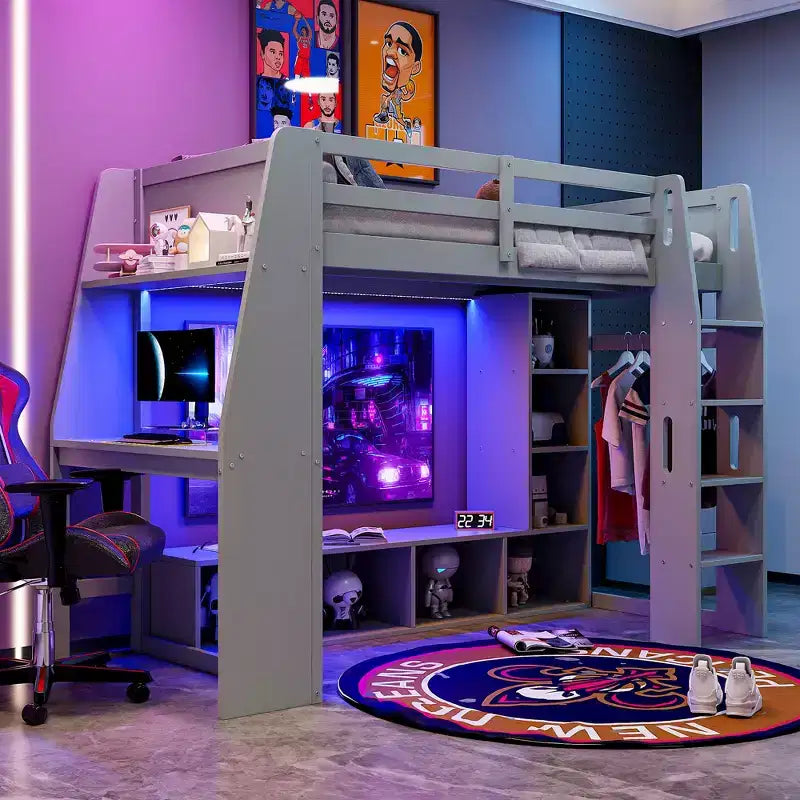Twin/Full Size Gaming Loft Bed with Desk, LED Lights, Multi-Storage Shelves & Hanging Clothes Rack, Space-Saving Wooden Bed Frame - ModernLuxe