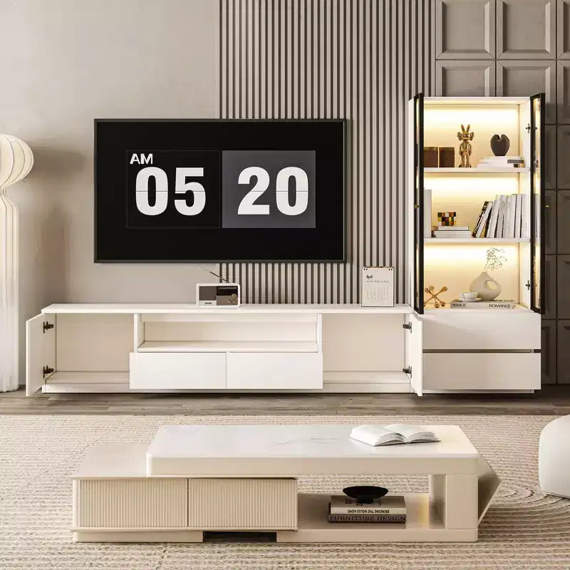 ATJafurn Modern White Living Room Media Center Set for 85 Inch TV, Includes TV Stands, Glass Display Cabinet and Nightstand for Apartment