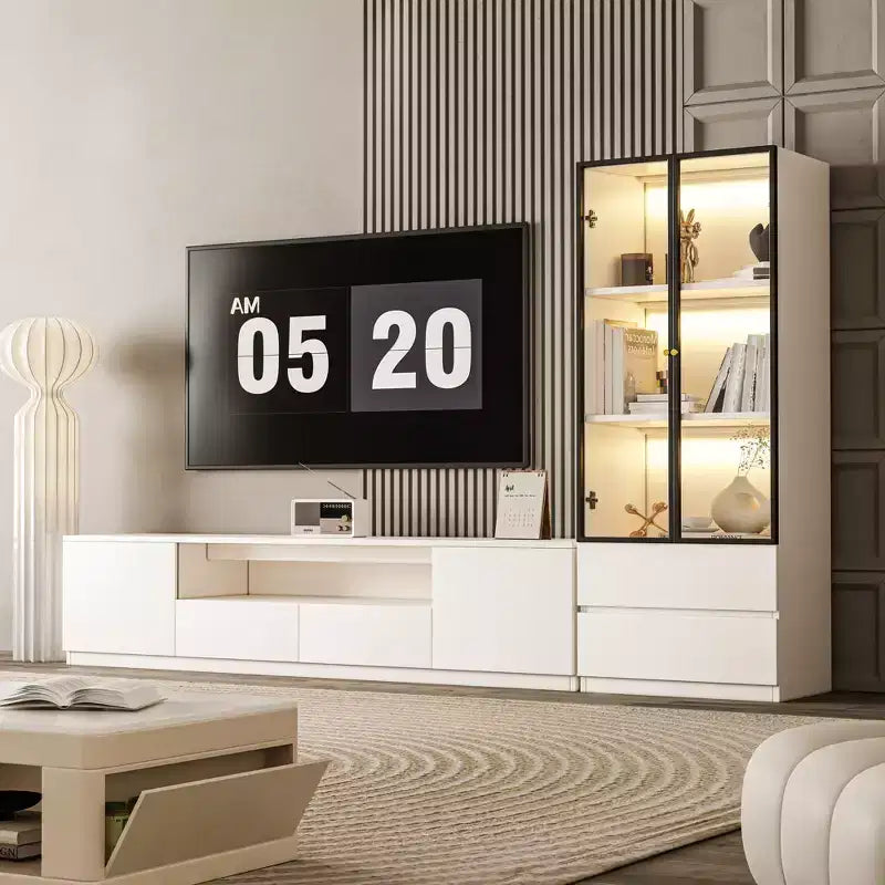 ATJafurn Modern White Living Room Media Center Set for 85 Inch TV, Includes TV Stands, Glass Display Cabinet and Nightstand for Apartment