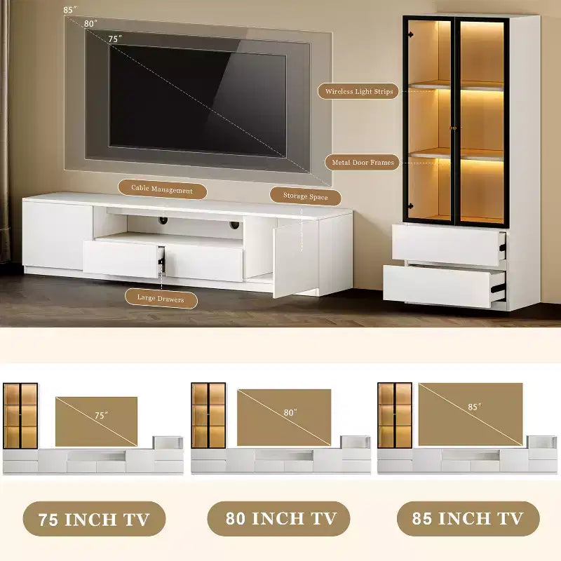ATJafurn Modern White Living Room Media Center Set for 85 Inch TV, Includes TV Stands, Glass Display Cabinet and Nightstand for Apartment