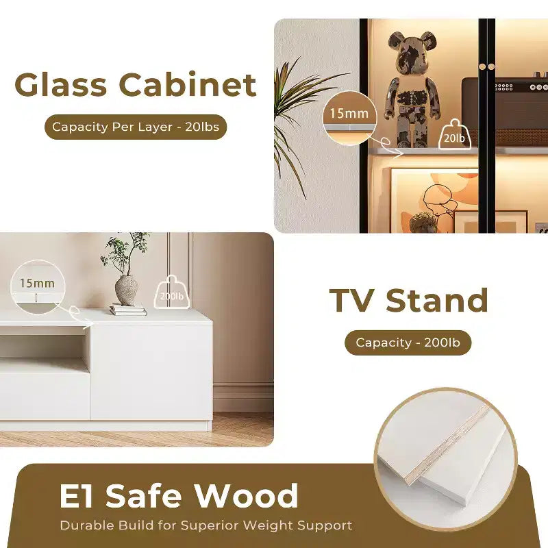 ATJafurn Modern White Living Room Media Center Set for 85 Inch TV, Includes TV Stands, Glass Display Cabinet and Nightstand for Apartment