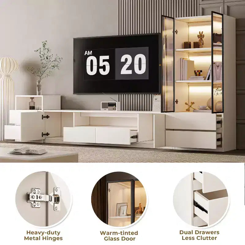 ATJafurn Modern White Living Room Media Center Set for 85 Inch TV, Includes TV Stands, Glass Display Cabinet and Nightstand for Apartment