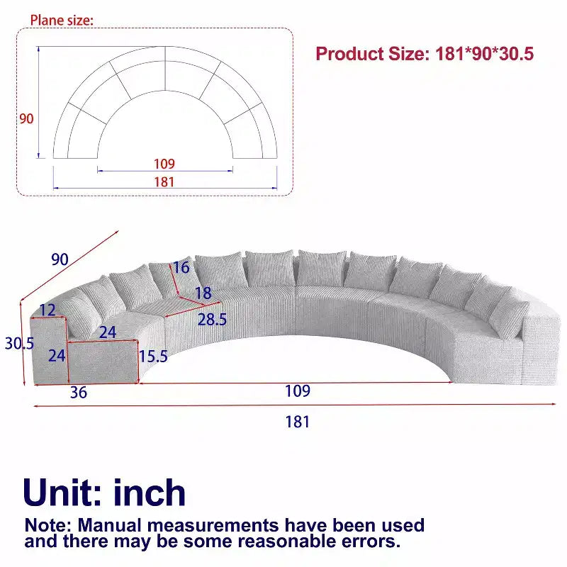 Corduroy curved sectional Foam sofa with 12 pillows,Curved Symmetrical Modular Semi Circular Sofa (six modules)