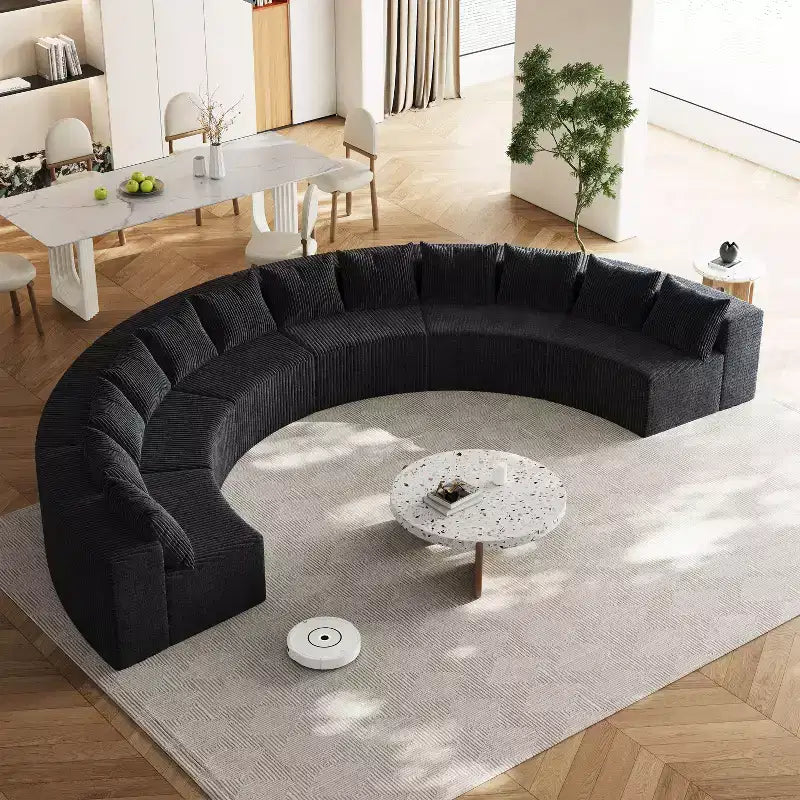 Corduroy curved sectional foam sofa with 12 pillows, curved symmetrical modular semi-circular sofa (six modules)