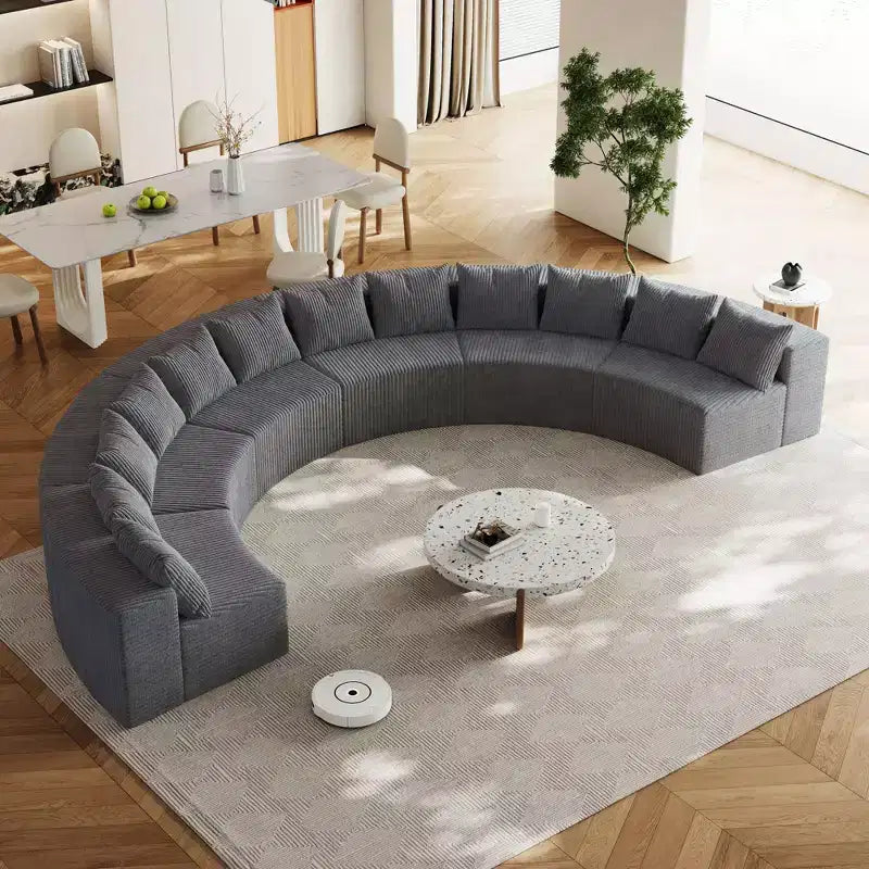 Corduroy curved sectional foam sofa with 12 pillows, curved symmetrical modular semi-circular sofa (six modules)