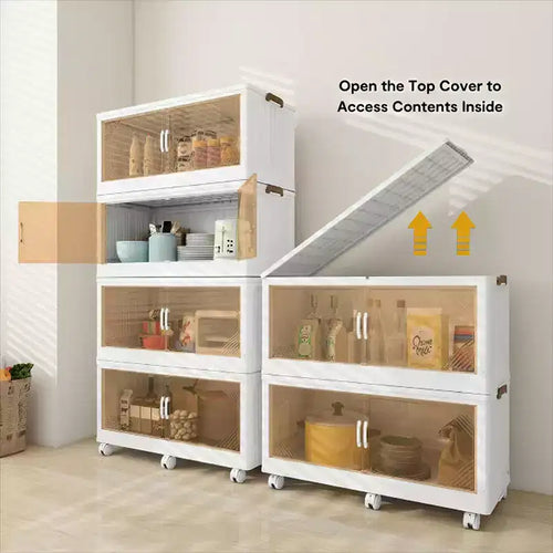 25.6-inch Wide Clear Door Foldable Storage Box, 4-Tier Large Capacity Organizer, Easy Access, Space-Saving Foldable Design