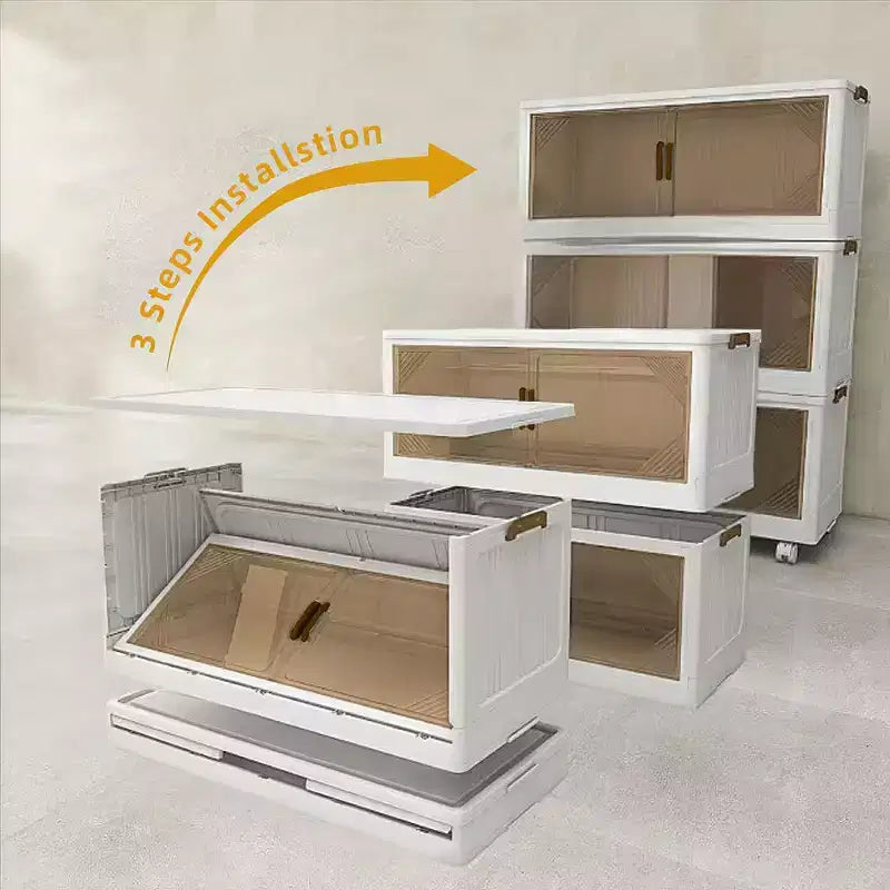 25.6 Inch Wide Clear Door Foldable Storage Box  4-Tier Large Capacity Organizer, Easy Access, Space-Saving Foldable Design