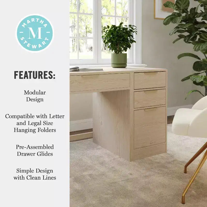 Martha Stewart Kayden Home Office Modular Single-Drawer Desk with 3 Drawer File Cabinet