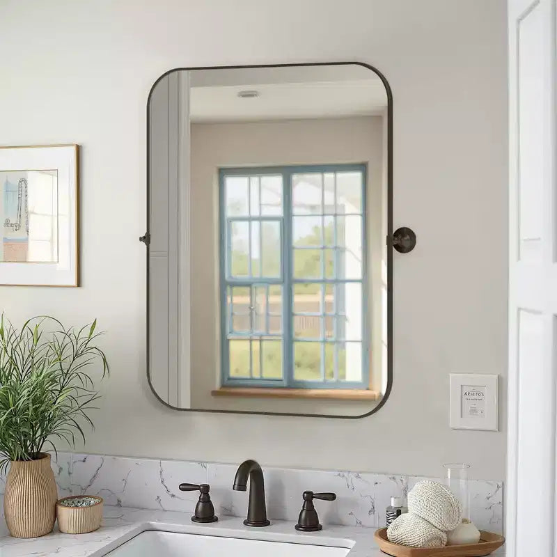 80cm Black Iron Rectangular Mirror with Rounded Corners and Rotating Hardware, 4cm Depth (Double-Sided)