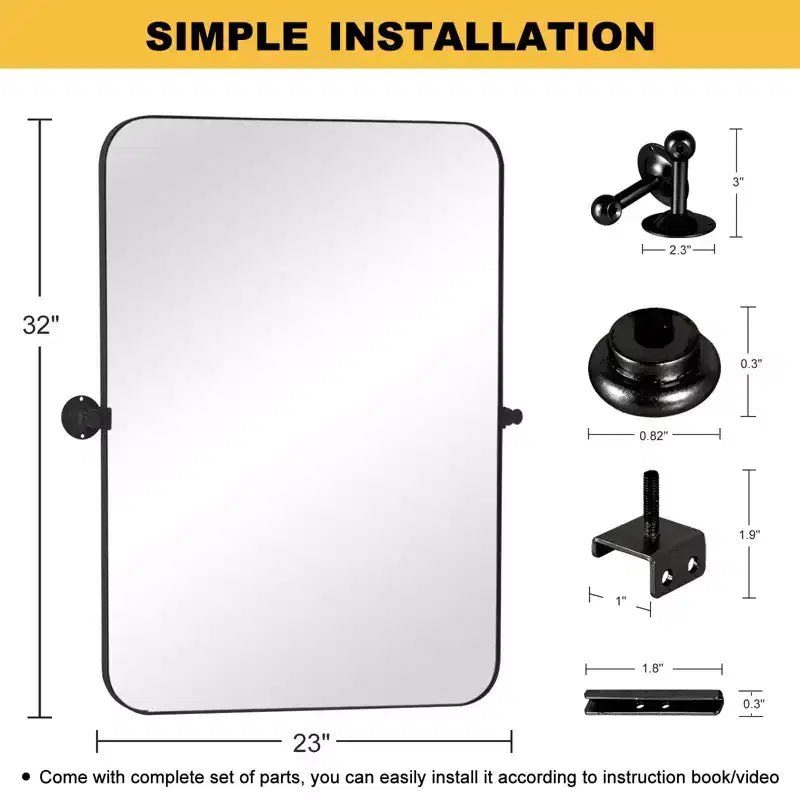 80cm Black Iron Rectangular Mirror with Rounded Corners and Rotating Hardware, 4cm Depth (Double-Sided)