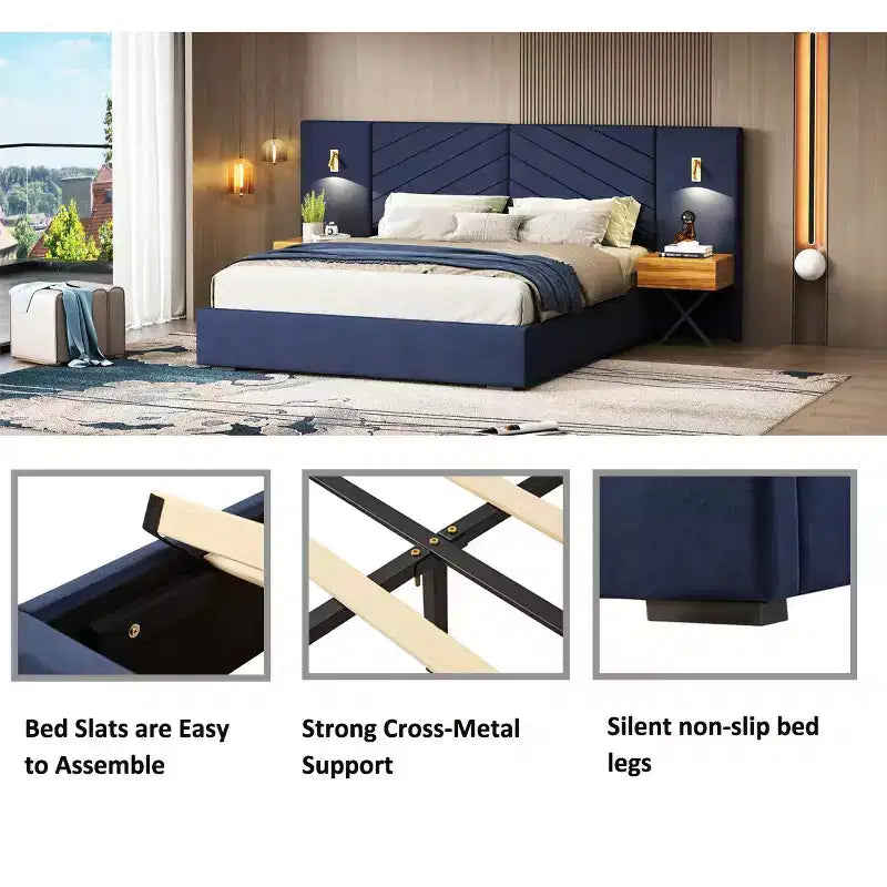 GDFStudio Salome 3pcs Velvet Upholstered Bedroom Furniture Set with Two LED Nightstands