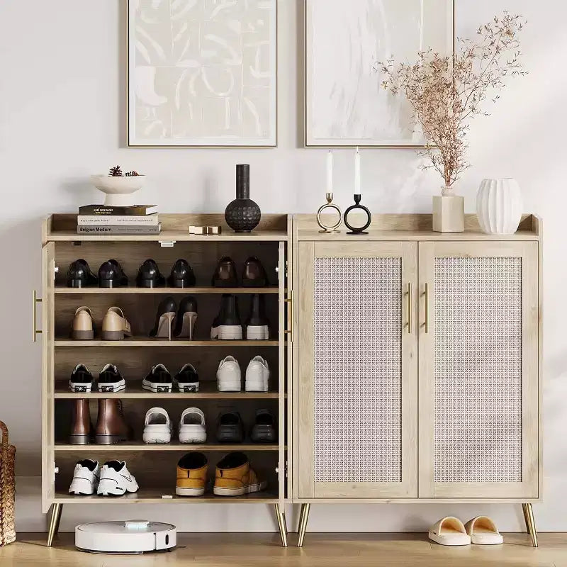 Meuble à chaussures 6 niveaux en rotin avec 2 portes et étagères réglables