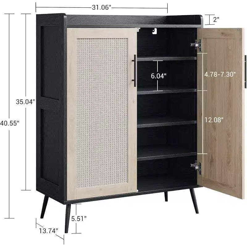 Meuble à chaussures 6 niveaux en rotin avec 2 portes et étagères réglables