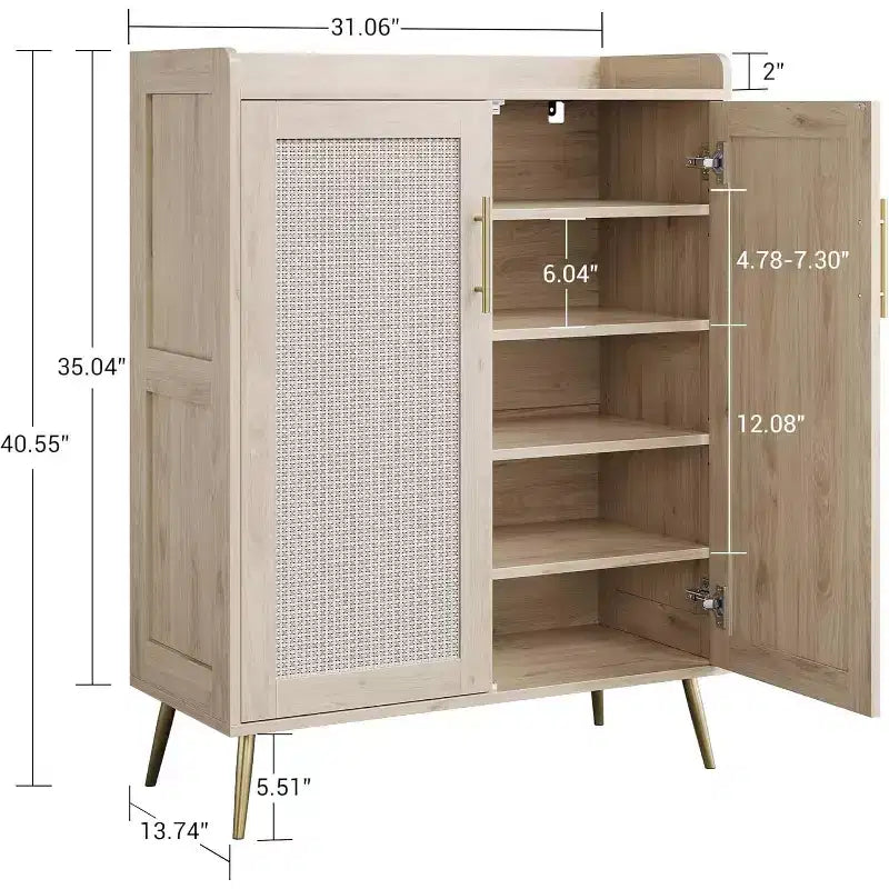 Meuble à chaussures 6 niveaux en rotin avec 2 portes et étagères réglables