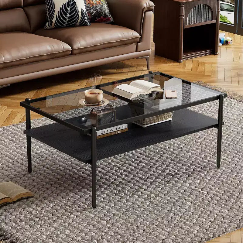 Tables basses rectangulaires modernes avec plateau en verre trempé gris et pieds noirs