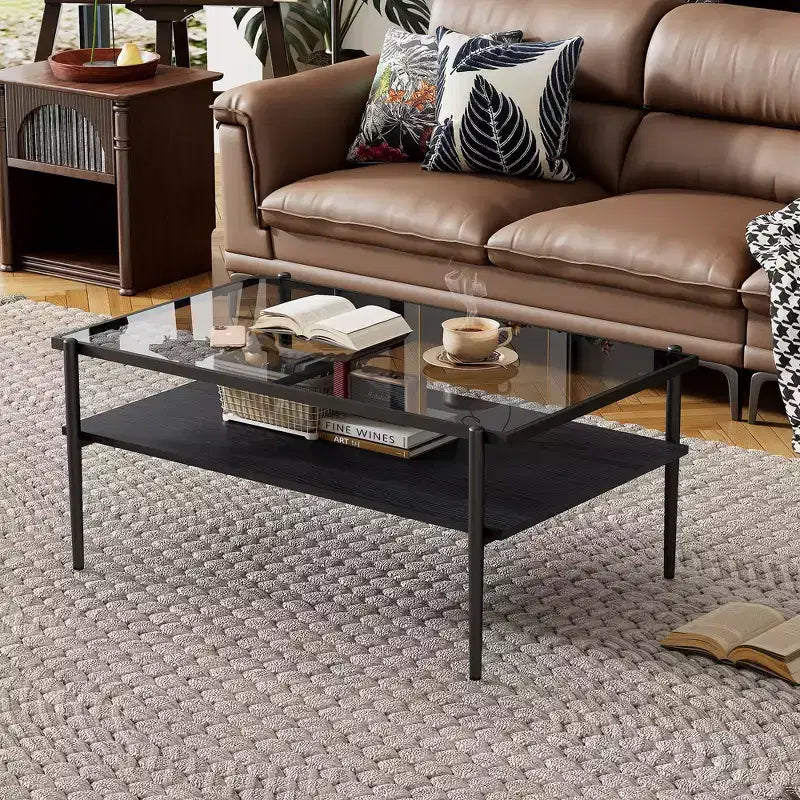 Tables basses rectangulaires modernes avec plateau en verre trempé gris et pieds noirs