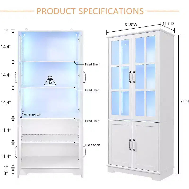 Armoire de rangement haute avec éclairage LED, grande bibliothèque avec portes en verre acrylique