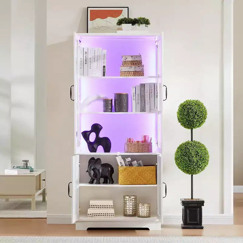 Armoire de rangement haute avec éclairage LED, grande bibliothèque avec portes en verre acrylique