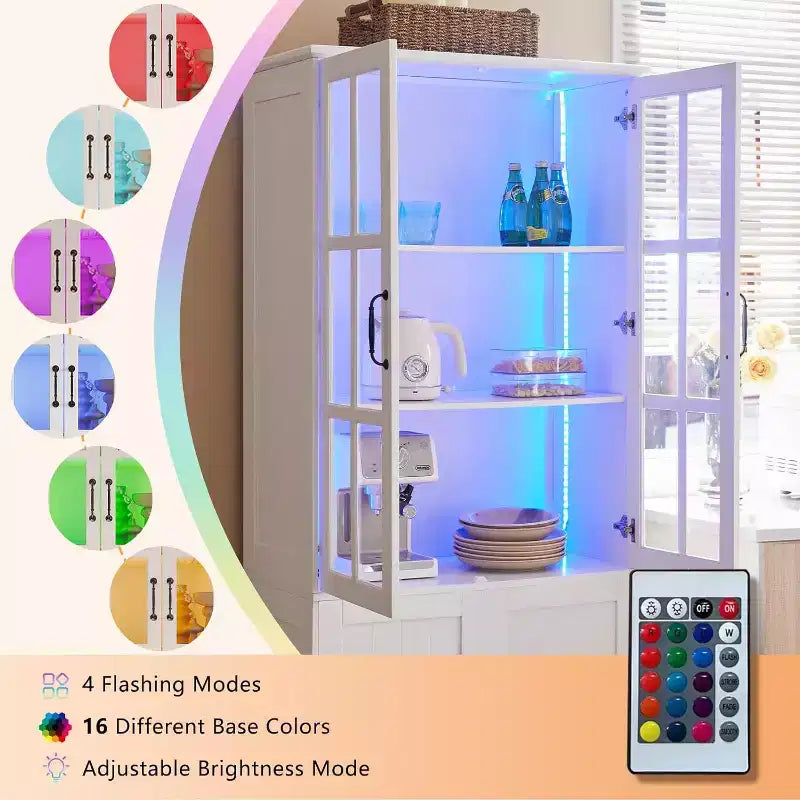 Armoire de rangement haute avec éclairage LED, grande bibliothèque avec portes en verre acrylique