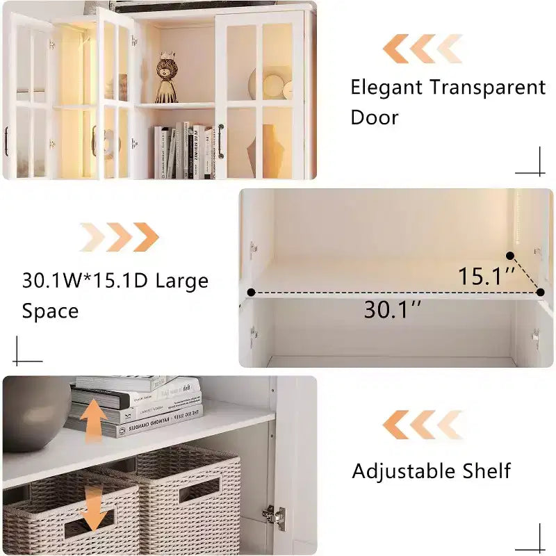 Armoire de rangement haute avec éclairage LED, grande bibliothèque avec portes en verre acrylique