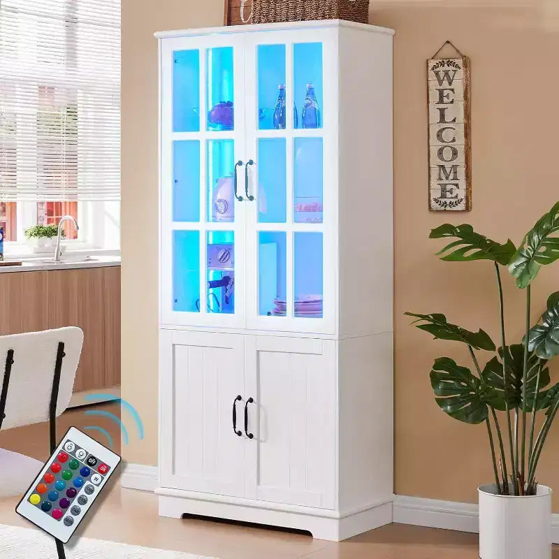 Armoire de rangement haute avec éclairage LED, grande bibliothèque avec portes en verre acrylique
