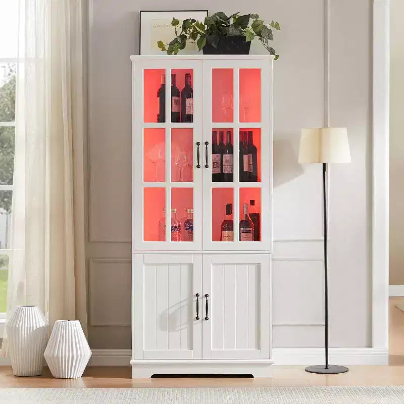 Armoire de rangement haute avec éclairage LED, grande bibliothèque avec portes en verre acrylique