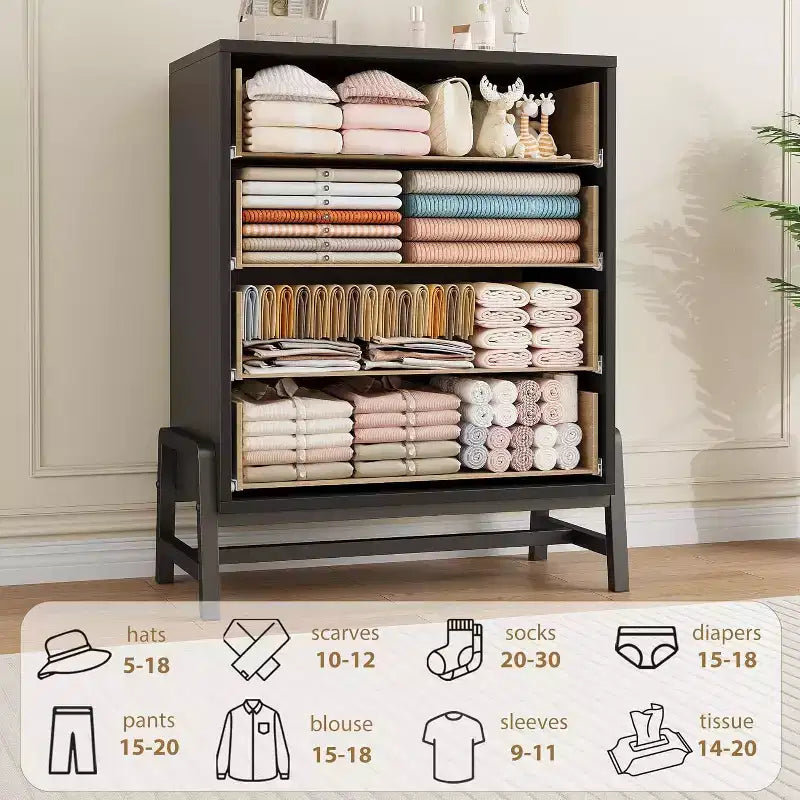 Commode haute de 38,6 po, commode 4 tiroirs pour chambre à coucher, armoire de rangement en bois