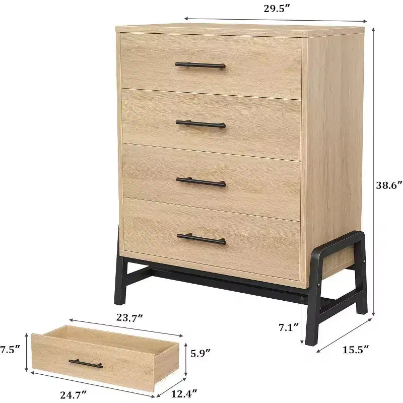 Commode haute de 38,6 po, commode 4 tiroirs pour chambre à coucher, armoire de rangement en bois