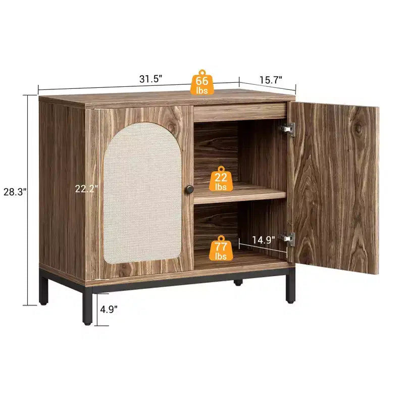 Buffet en rotin avec portes en rotin et étagères réglables