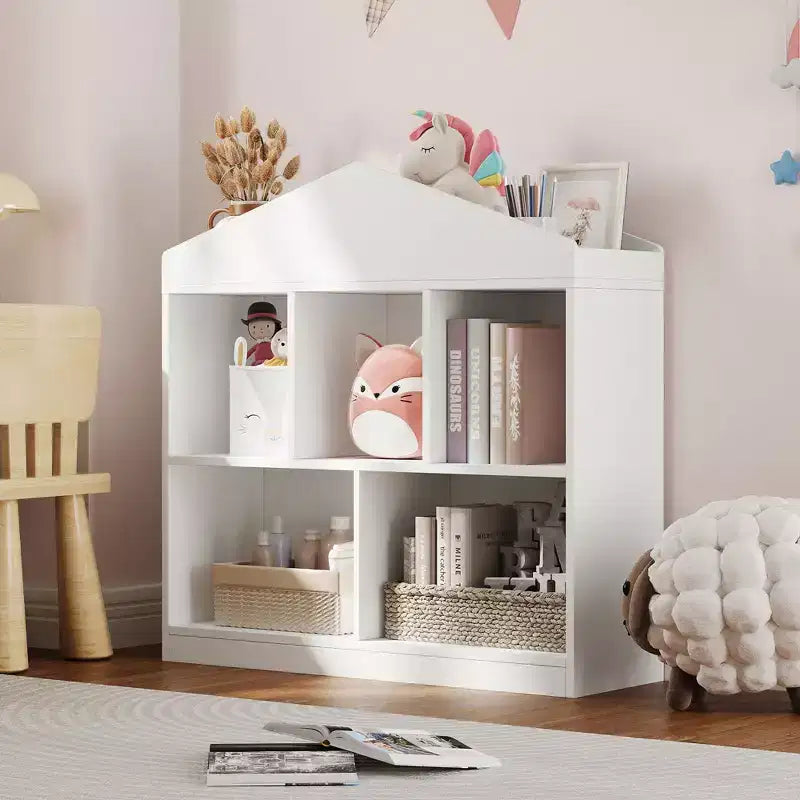 5-Cubby Kids Toy Storage Organizer - White Wooden Bookshelf for Playroom, Nursery & Kids Bedroom