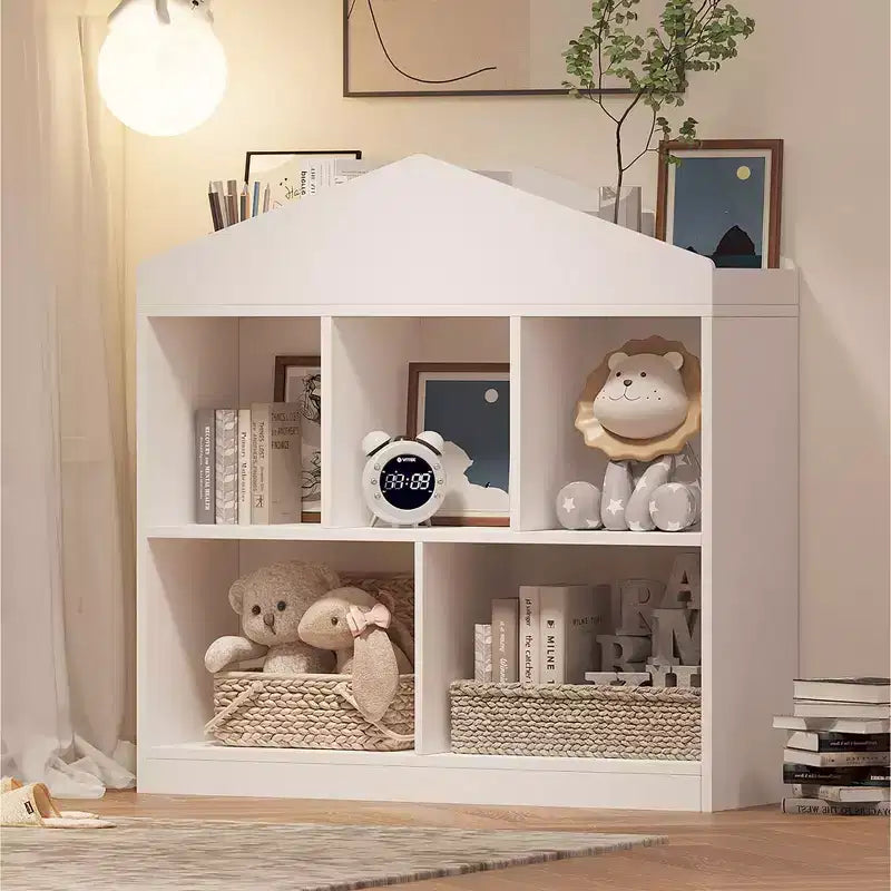 5-Cubby Kids Toy Storage Organizer - White Wooden Bookshelf for Playroom, Nursery & Kids Bedroom