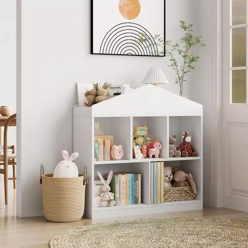 5-Cubby Kids Toy Storage Organizer - White Wooden Bookshelf for Playroom, Nursery & Kids Bedroom