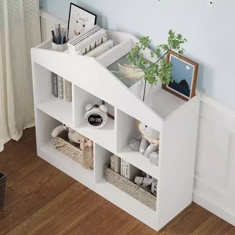 5-Cubby Kids Toy Storage Organizer - White Wooden Bookshelf for Playroom, Nursery & Kids Bedroom