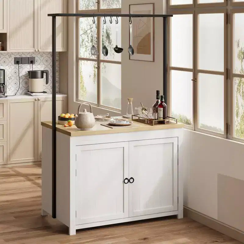 42 Kitchen Island with Storage, Multi-Functional Island Table with 2-Tier Shelves, Kitchen Counter with 5 Hooks, White & Natural