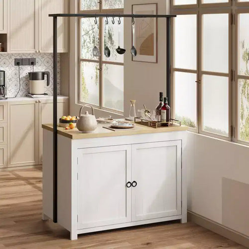 42" Kitchen Island with Storage, Multi-Functional Island Table with 2-Tier Shelves, Kitchen Counter with 5 Hooks, White & Natural