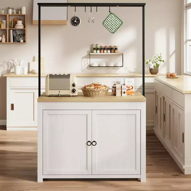 42 Kitchen Island with Storage, Multi-Functional Island Table with 2-Tier Shelves, Kitchen Counter with 5 Hooks, White & Natural