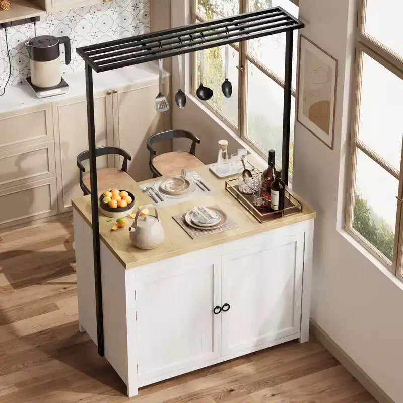 42 Kitchen Island with Storage, Multi-Functional Island Table with 2-Tier Shelves, Kitchen Counter with 5 Hooks, White & Natural