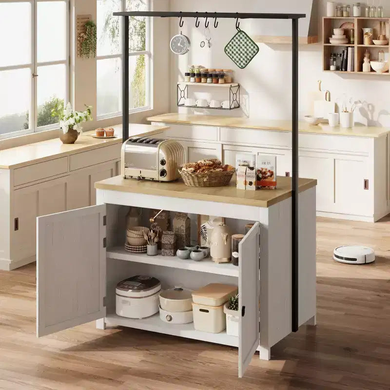42 Kitchen Island with Storage, Multi-Functional Island Table with 2-Tier Shelves, Kitchen Counter with 5 Hooks, White & Natural