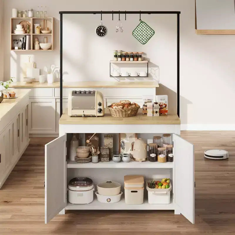 42 Kitchen Island with Storage, Multi-Functional Island Table with 2-Tier Shelves, Kitchen Counter with 5 Hooks, White & Natural