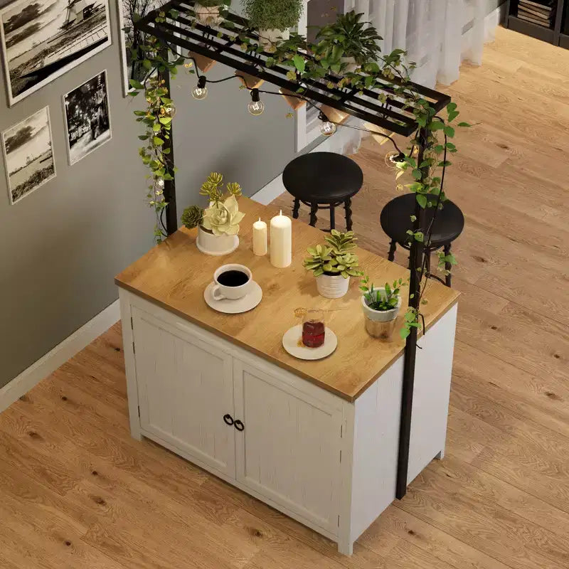 42 Kitchen Island with Storage, Multi-Functional Island Table with 2-Tier Shelves, Kitchen Counter with 5 Hooks, White & Natural