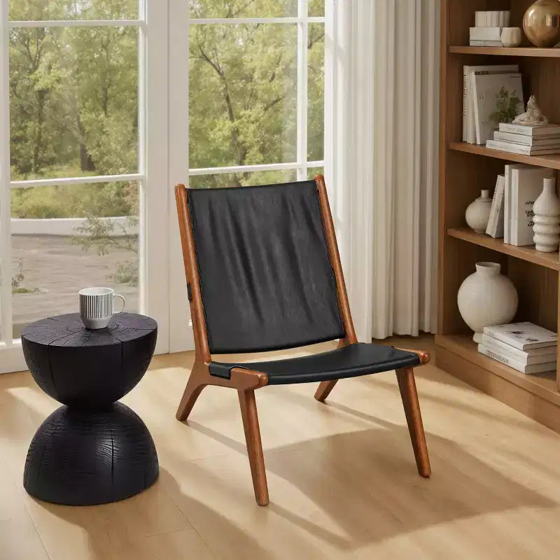 Chaise longue d'appoint moderne en cuir véritable avec cadre en bois, sans accoudoirs, noire
